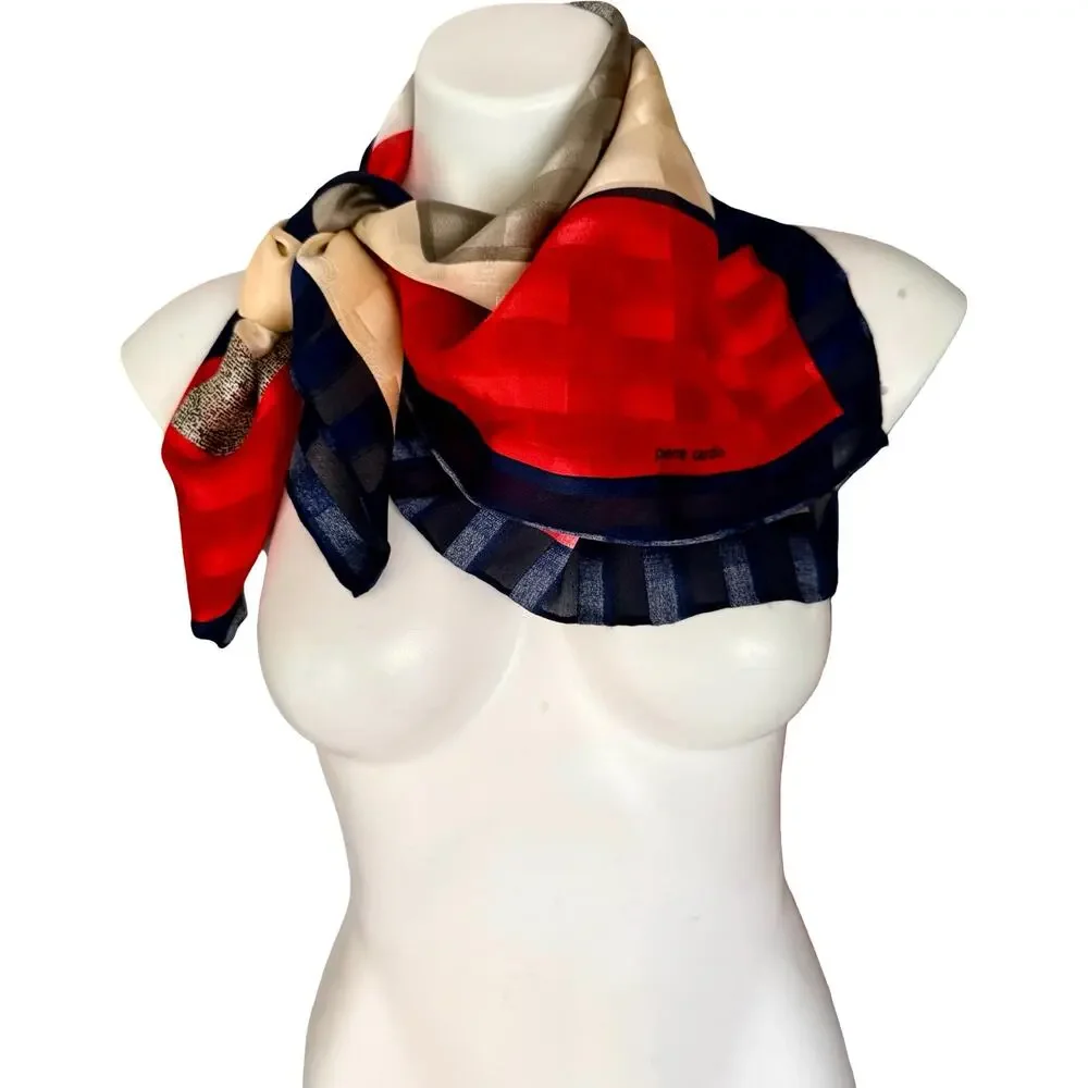 Vintage Pierre Cardin Silk Scarf 1980s Geometric Colorblock Navy Red 30x30